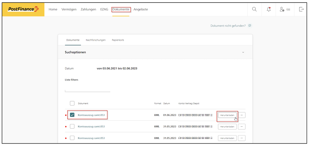 Anleitung zum Download der E-Banking Camt.053-Datei